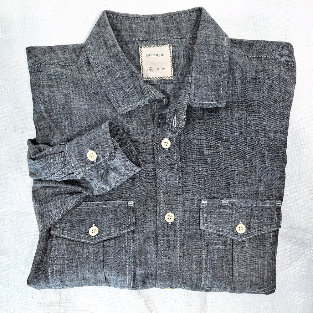 Billy Reid Charcoal Linen Button Down Roll Up Sleeves Shirt